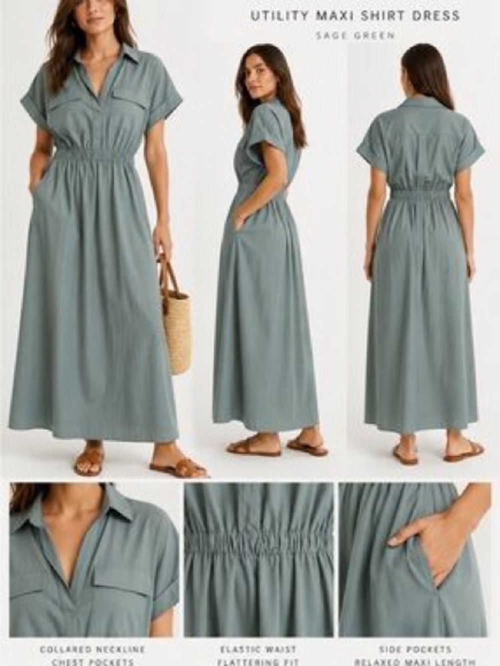 NWOT:Abercrombie & Fitch Utility Maxi Shirt Dress in Sage Green